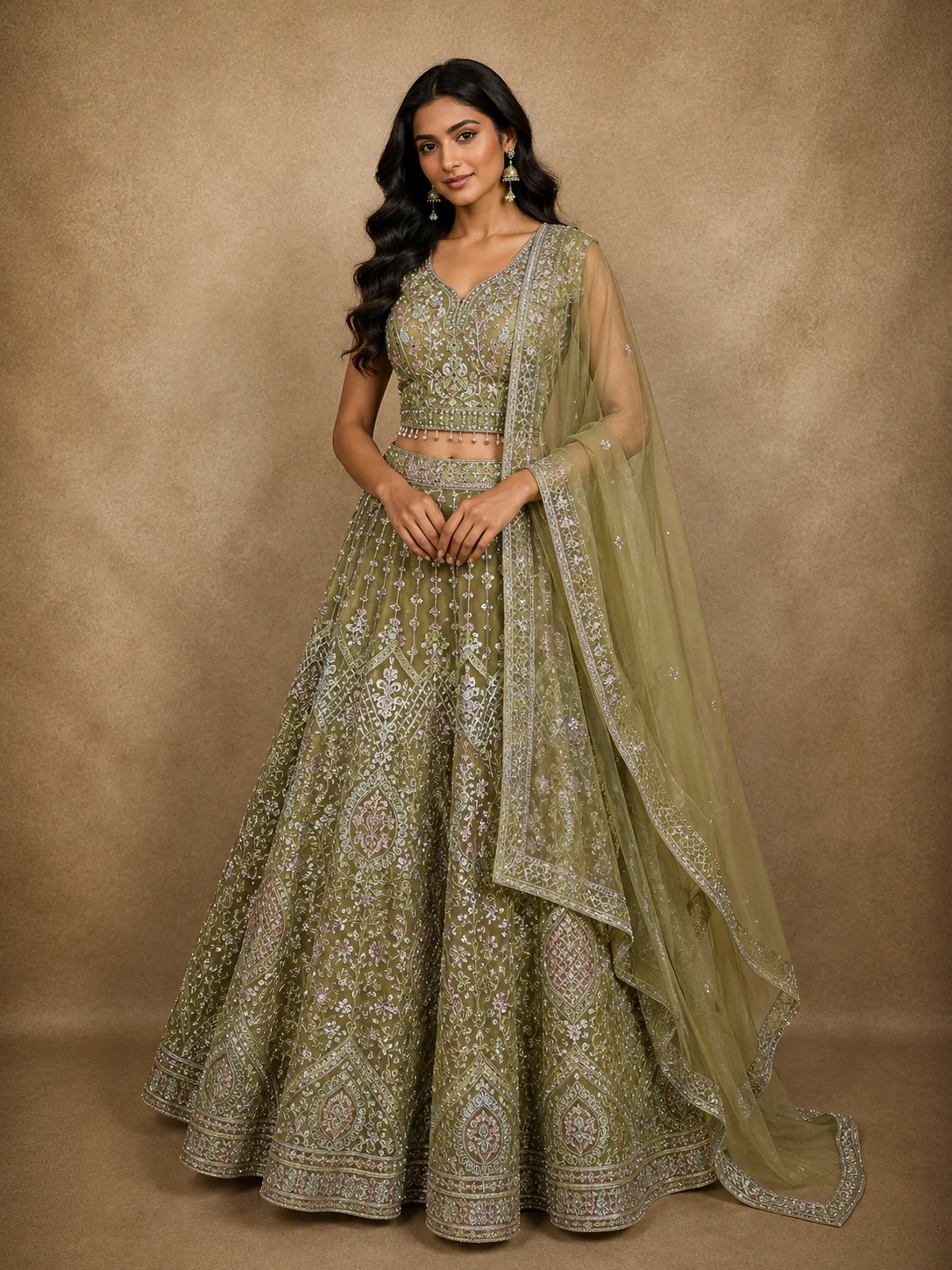 Muted Olive Pistachio Green Floral Thread and Mirror Embroidered Design Net Lehenga with Dupatta